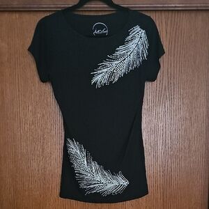 INC International Concepts Black Tee with Silver Leaf Accents